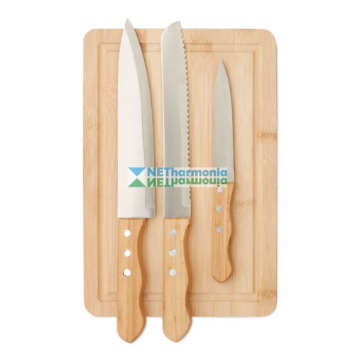 Bambuszból készült vágódeszka készlet 3 élezett késsel