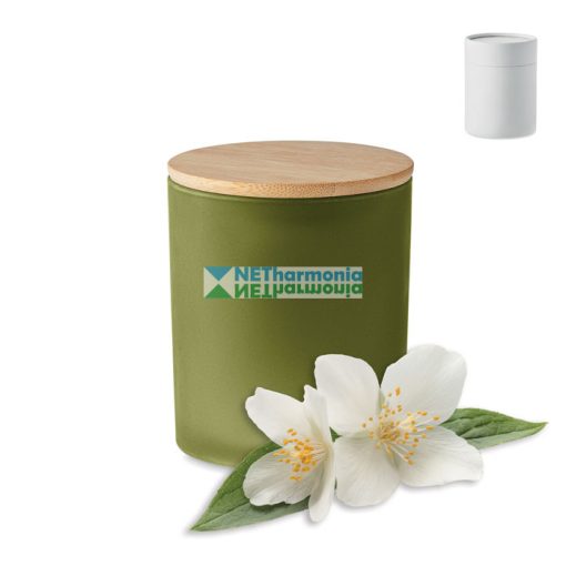 Növényi alapú illatgyertya bambuszfedeles matt üvegtartóban, 120 g.