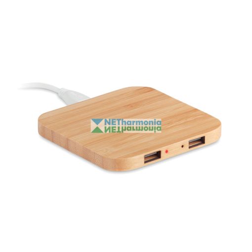 CUADRO vezeték nélküli töltő lap bambusz bevonattal, 2.0 USB hub-bal